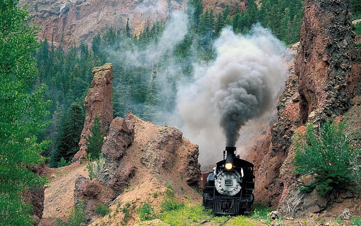 черен влак до зелени дървета през деня, превозно средство, влак, железопътна линия, парен локомотив, природа, дървета, гора, скала, планини, дим, HD тапет
