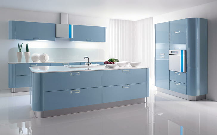 Minimalistic kitchen, blue wooden island kitchen, photography, 2560x1600, room, kitchen, HD wallpaper