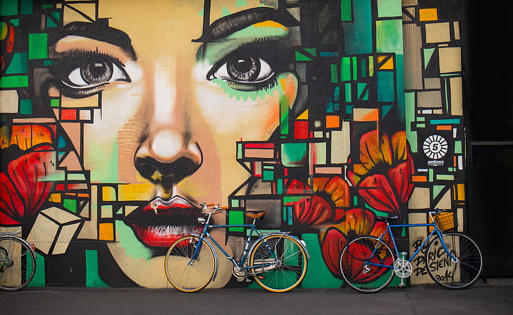 two blue bicycles, bicycles, graffiti, face, wall, HD wallpaper