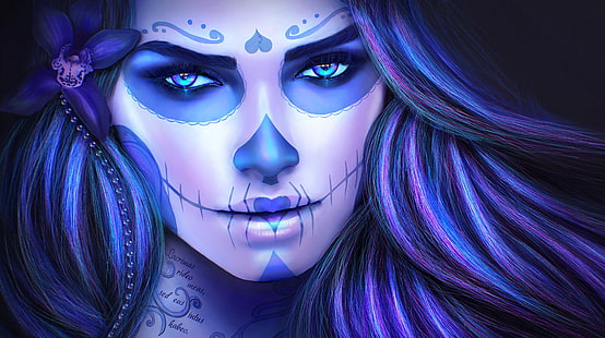 Artistic, Sugar Skull, Day of the Dead, Girl, Purple, Tattoo, Woman, HD wallpaper HD wallpaper
