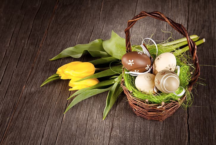 Easter, tulips, basket, wood, spring, eggs, decoration, Happy, HD wallpaper