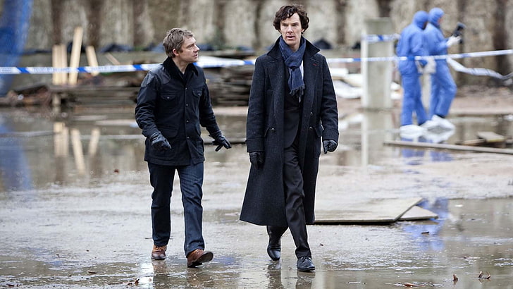 erkek siyah ceket, Sherlock, Benedict Cumberbatch, Martin Freeman, HD masaüstü duvar kağıdı