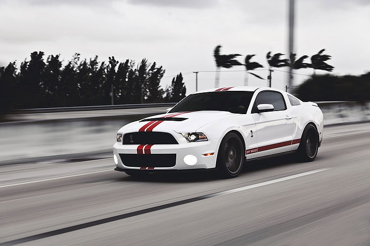 5th gen. white and red Ford Mustang coupe, road, white, speed, Mustang, Ford, Shelby, muscle car, gt500, red stripes, HD wallpaper