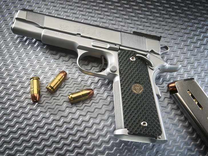 M1911 Pistol, silver semi-automatic pistol, War & Army, , gun, army, HD wallpaper