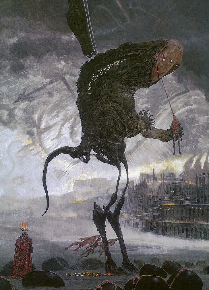 brown monster illustration, creepy, runes, gore, artwork, Wayne Barlowe, HD wallpaper
