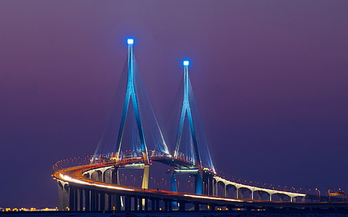 آسيا ، كوريا الجنوبية ، Songdo ، الجسر ، الأضواء ، الليل ، الجسر الأزرق والبني ، آسيا ، الجنوب ، كوريا ، Songdo ، الجسر ، الأضواء ، الليل، خلفية HD HD wallpaper