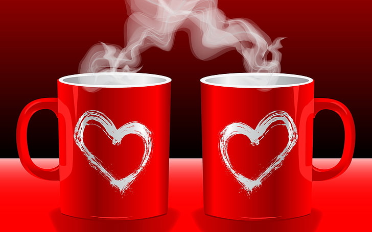 две красные керамические кружки, любовь, красный, фон, обои, чай, настроение, кофе, горячие, пары, кружка, чашка, сердечки, HD обои