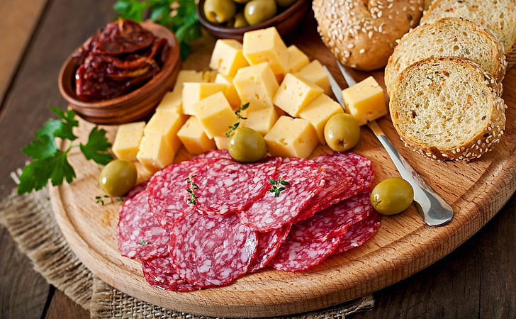 assorted variety of foods, food, bread, cheese, sausage, fork, HD wallpaper