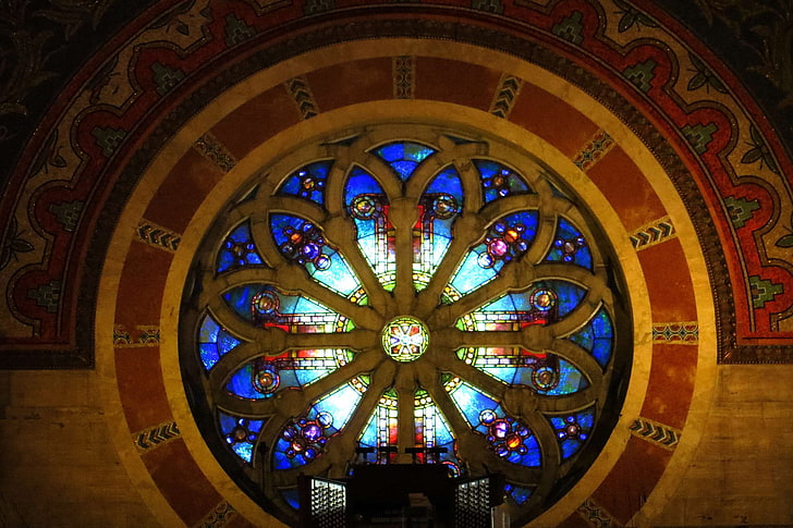 blue, church, design, glowing, gold, pattern, radial, round, sacred, stained glass, window, HD wallpaper