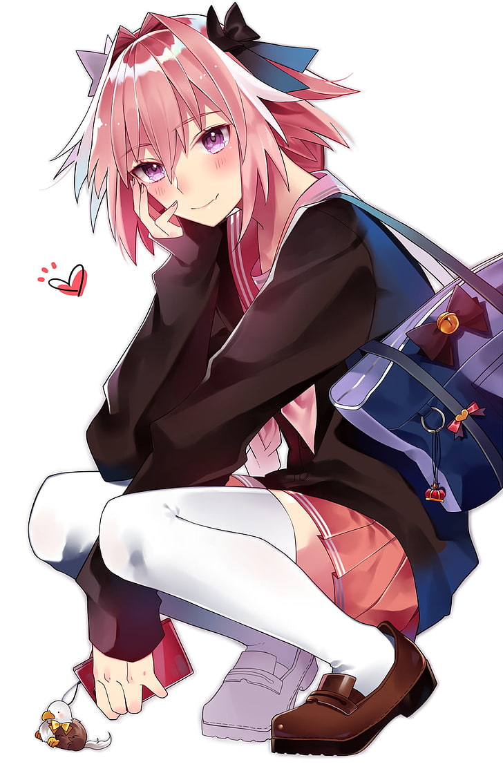 pink haired female anime character illustration, Fate Series, Fate/Apocrypha, anime boys, Astolfo (Fate/Apocrypha), Rider of Black, school uniform, HD wallpaper