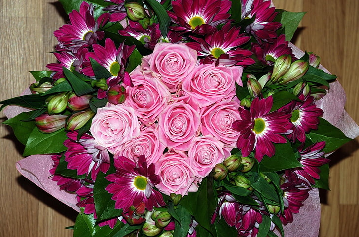 pink roses and red daisies bouquet, roses, flowers, bouquets, composition, design, HD wallpaper
