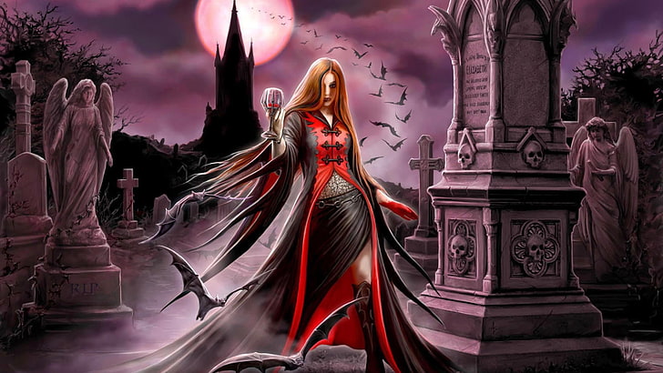 женский персонаж в красном и черном платье обои, вампиры, фэнтези арт, произведения искусства, HD обои