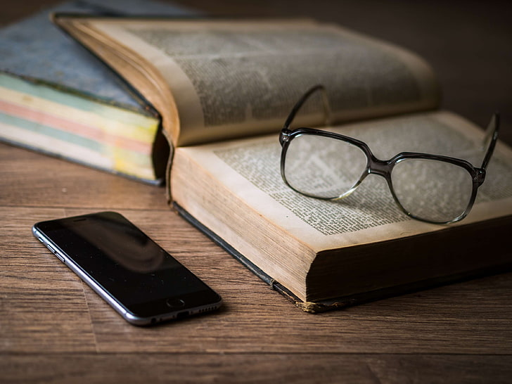 black, blank, book, bookcase, bookshelf, brown, closeup, cover, dark, desk, device, digital, display, education, glasses, information, internet, ios, iphone, knowledge, library, literature, media, mobile, old, open, page, HD wallpaper