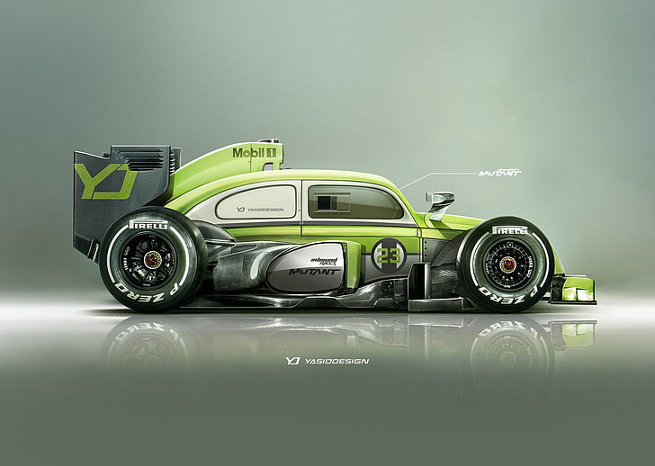 green and gray vehicle concept, car, YASIDDESIGN, render, artwork, Formula 1, Volkswagen, Volkswagen Beetle, Pirelli, Mobil 1, race cars, HD wallpaper