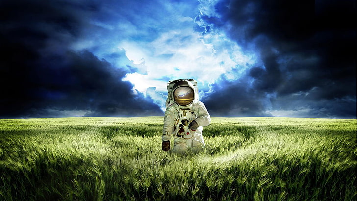 живопись космонавта, цифровое искусство, космонавт, шлем, скафандр, природа, поле, колоски, облака, фотоманипуляции, перчатки, HD обои