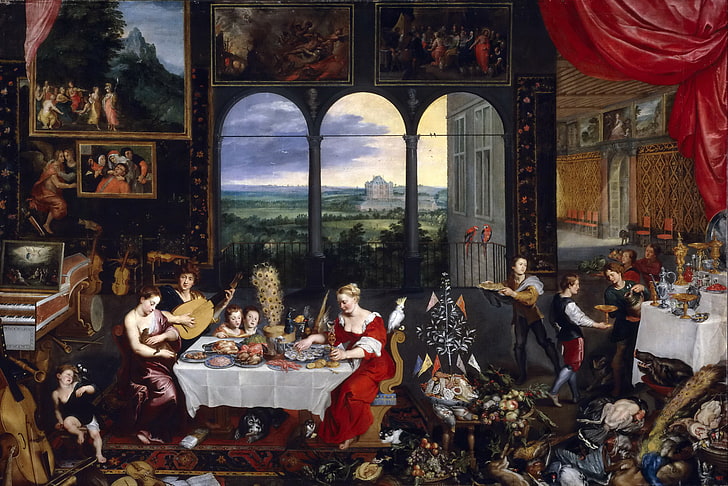 mesa, gente, sentimientos, interior, imagen, género, Jan Brueghel el viejo, Audición y tacto, Gusto, Fondo de pantalla HD