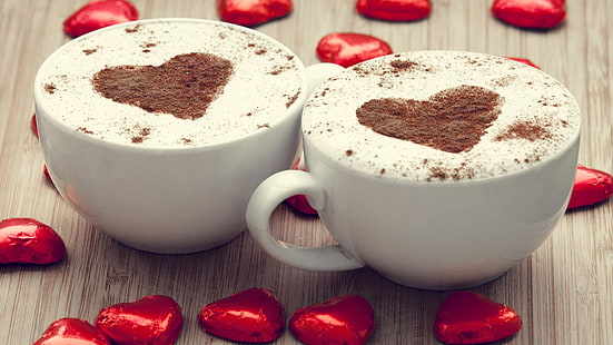 Two cups cappuccino coffee, love hearts chocolate, Two, Cups, Cappuccino, Coffee, Love, Hearts, Chocolate, HD wallpaper HD wallpaper