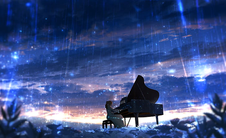Аниме, оригинал, момиче, пиано, дъжд, HD тапет