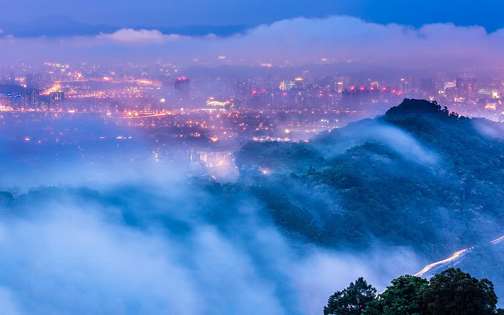 Тайвань, Тайбэй, город, вечер, сумерки, огни, туман, облака, Тайвань, Тайбэй, город, вечер, сумерки, огни, туман, облака, HD обои