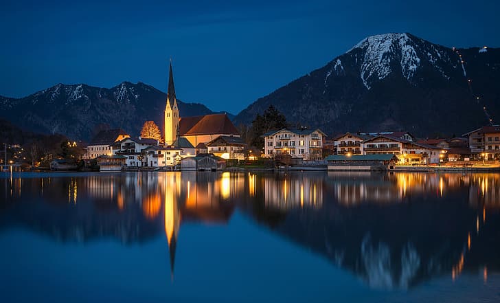 mountains, lake, reflection, building, home, Germany, Bayern, Church, night city, Bavaria, Bavarian Alps, The Bavarian Alps, Tegernsee, Lake Tegernsee, HD wallpaper
