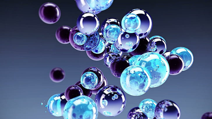 Bleu et rose, illustration 3d de bulles, marbre, gouttes, abstrait, bleu, boules, verre, rose, Fond d'écran HD