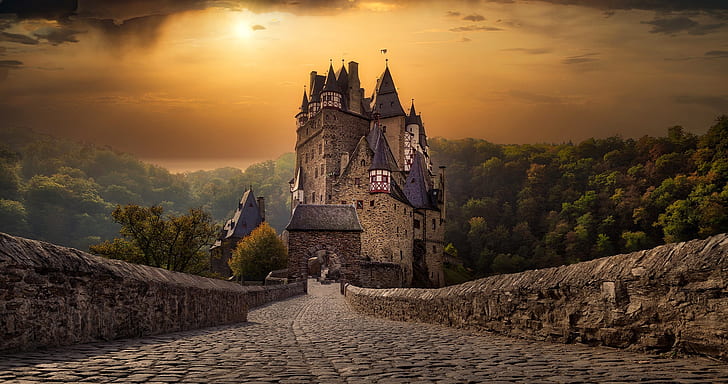 zachód słońca, przyroda, zamek, niemcy, Burg Eltz, Tapety HD