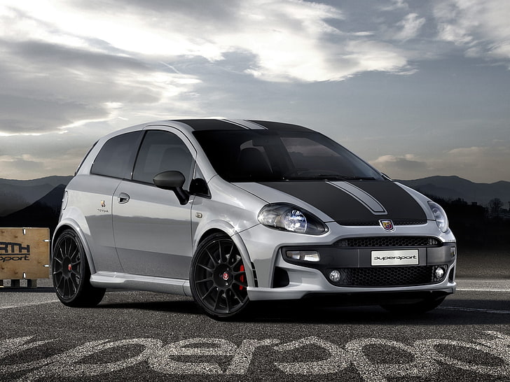 silver and black Abarth Punto 5-door hatchback, gray, auto, abarth, supersport, front view, style, mountain, HD wallpaper