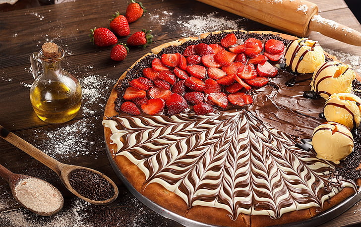 chocolate, strawberry, ice cream, pizza, cream, dessert, HD wallpaper