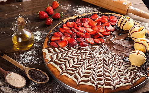 chocolate, strawberry, ice cream, pizza, cream, dessert, HD wallpaper HD wallpaper