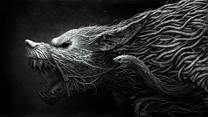 digitale Tapete des schwarzen und grauen Tieres, Fantasiekunst, Wolf, digitale Kunst, Geschöpf, Horror, Wurzeln, Monochrom, einfacher Hintergrund, Werwolf, Schlange, dunkle Fantasie, HD-Hintergrundbild