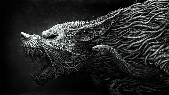 черно-серый зверь цифровые обои, фэнтези арт, волк, цифровое искусство, существо, ужас, корни, монохромный, простой фон, оборотень, змея, темная фантазия, HD обои HD wallpaper