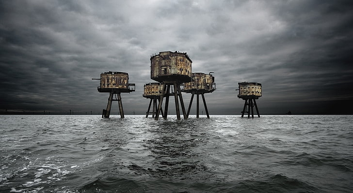 Maunsell Forts In The Thames Estuary, England, gray concrete buildings, Europe, United Kingdom, England, Estuary, Thames, Maunsell, Forts, HD wallpaper