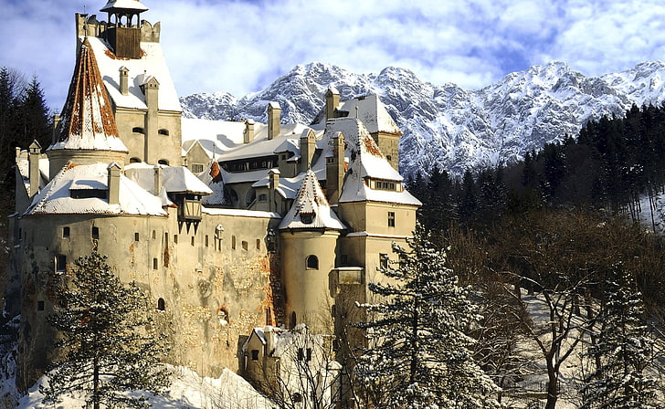 замък, сграда, планини, пейзаж, зима, сняг, Румъния, HD тапет