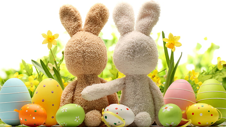 Великден, зайци, украса, великденски яйца, двойка, HD тапет