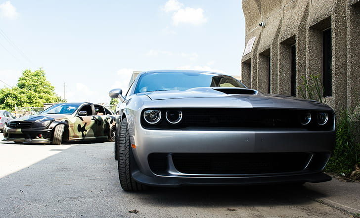 challenger, Dodge Challenger, Mercedes C63 AMG, Mercedes-Benz, transport, Mercedes-AMG, SRT, supercars, exotic, camouflage, car, Dodge Challenger Hellcat, luxury cars, C63 AMG, race cars, muscle cars, Dodge, HD wallpaper
