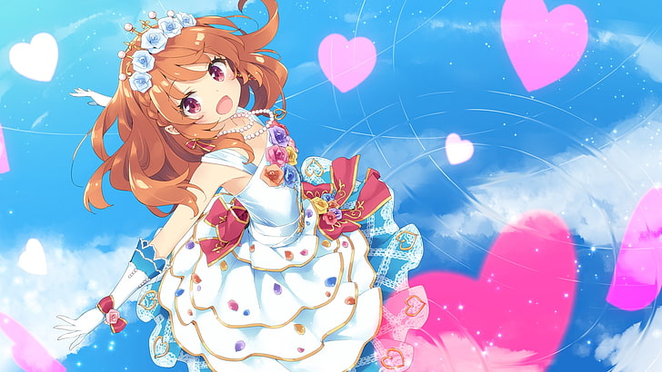oozara akari, aikatsu, white dress, happy expression, hearts, necklace, Anime, HD wallpaper