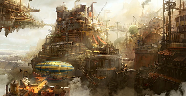 เรือเหาะ steampunk เมฆเมืองศิลปะดิจิตอล, วอลล์เปเปอร์ HD