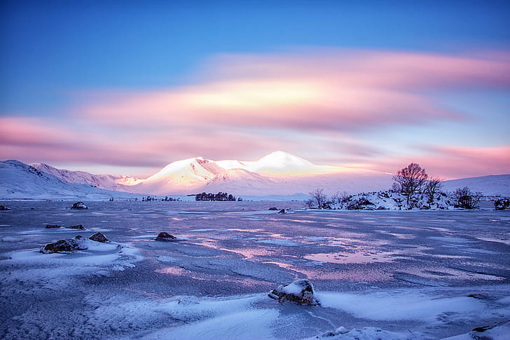 frozen water with island and plants with snow covered mountain background, Lochan, na h, Black Mount, frozen water, island, plants, snow, mountain, background, Scotland, West Highlands, Mount  Black, Glencoe, Rannoch Moor, winter, sunrise, long exposure, pink, HD wallpaper