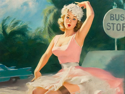 mujer con vestido rosa y blanco pintura, mirada, niña, juventud, belleza, sorpresa, pin-up, arte, pin up, coche., Fondo de pantalla HD HD wallpaper