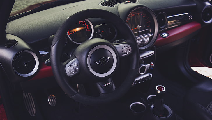 volante negro y plateado, mini cooper, volante, interior del automóvil, Fondo de pantalla HD