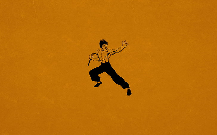Bruce Lee ilustracja, minimalizm, Bruce Lee, kung fu, ciemnopomarańczowy, Nunchuck, Tapety HD