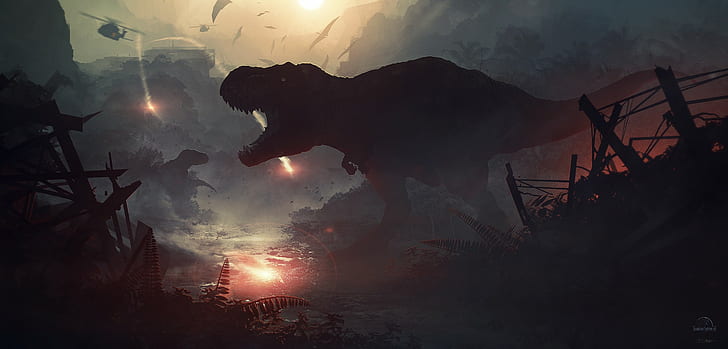 silhouette de T-Rex concept art, art numérique, dinosaures, apocalyptique, monde jurassique, Fond d'écran HD