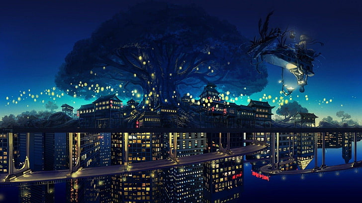 city, upside down, tree, fantasy, HD wallpaper