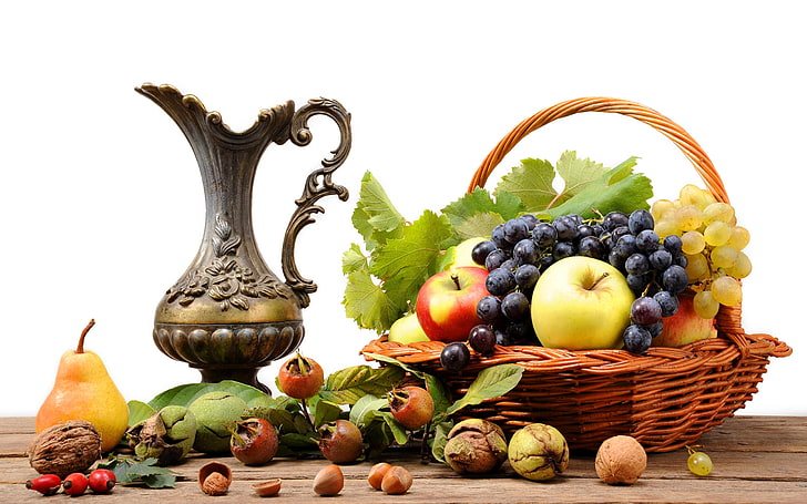 cesta de frutas, fruta, jarro, maçãs, peras, cesta, uvas, HD papel de parede