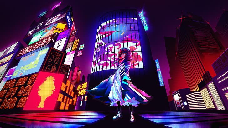 anime girls, night, light effects, billboards, neon, hoods, sky, colorful, HD wallpaper