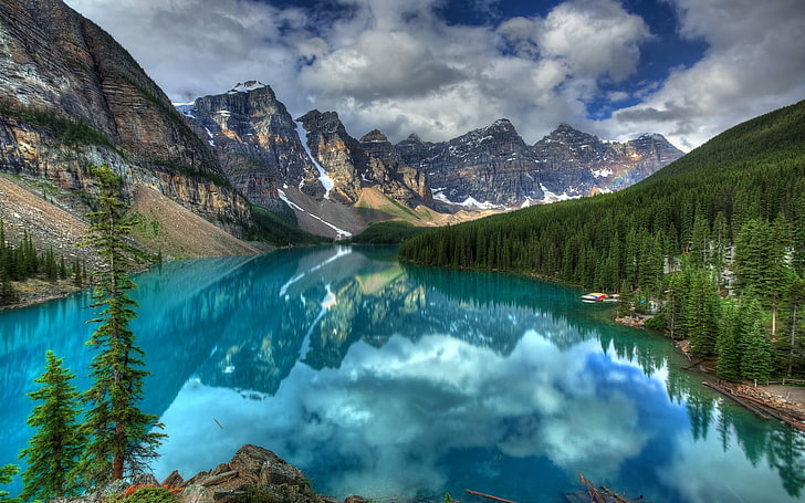 brown mountain, nature, HDR, landscape, lake, reflection, mountains, trees, Moraine Lake, forest, clouds, sky, Canada, HD wallpaper