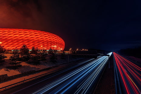 fotografia, noite, longa exposição, estrada, Munique, Alemanha, estádio, estádio de futebol, Allianz Arena, árvores, trilhas leves, luzes, HD papel de parede HD wallpaper