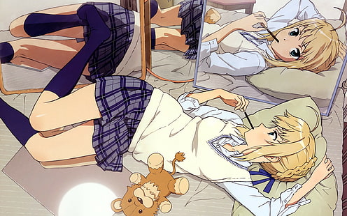 세이버, 운명 시리즈, 금발, 애니메이션, 애니메이션 소녀, 교복, 여학생, HD 배경 화면 HD wallpaper