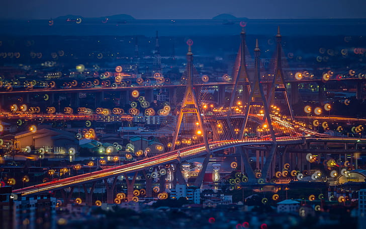 Thailand Bhumibol Bridge, lights, evening, night, Thailand Bhumibol Bridge, Bhumibol Bridge, สะพาน ภูมิพล, connecting Bangkok and the southern prov, HD wallpaper