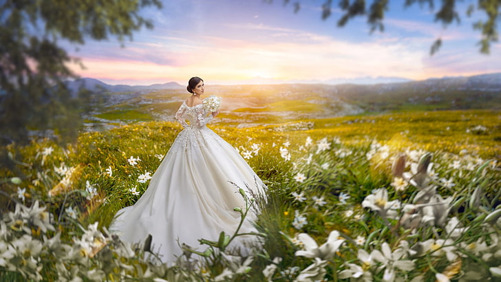 novias, flores, ramo, campo, bokeh, Ekaterina Skorobogatov, Fondo de pantalla HD